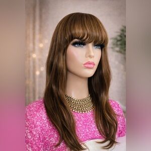 Glueless Natural NO LACE 100% Human Hair Machine Made Bang Wig in Shade Brown.